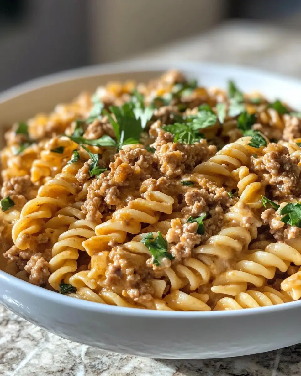 Final dish - Creamy Cheesy Ground Turkey Pasta Delight