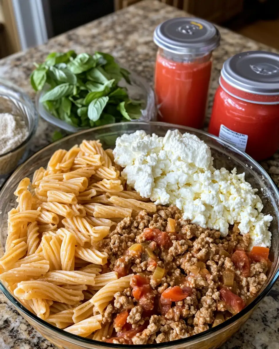 Ingredients for Creamy Cheesy Ground Turkey Pasta Delight