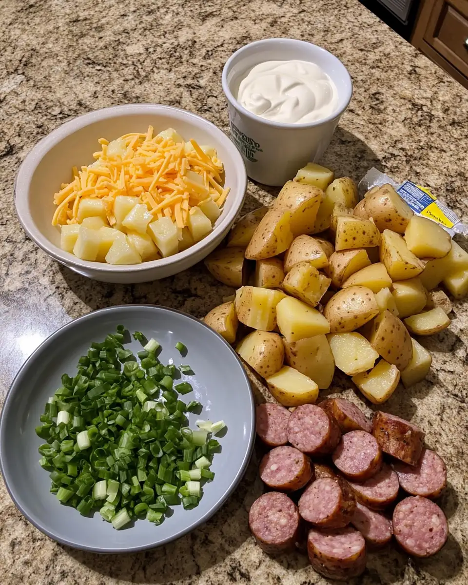 Ingredients for Ultimate Comfort: Cheesy Ranch Potatoes and Smoked Sausage Delight