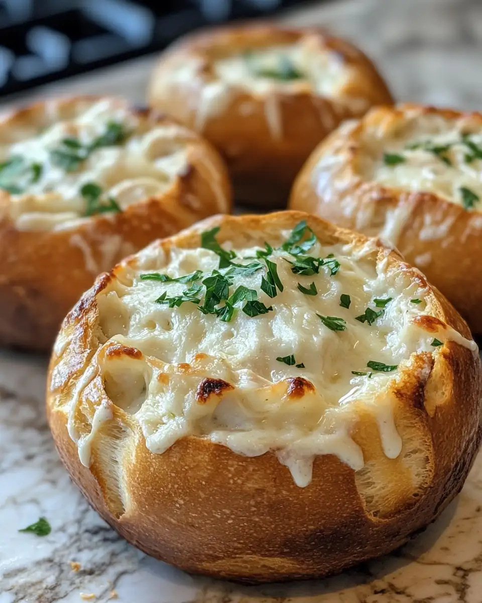 Final dish - Savor the Ultimate Comfort: Chicken Alfredo Garlic Bread Bowls