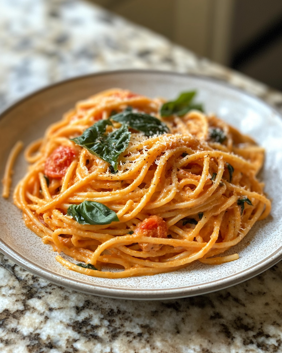 Final dish - Indulge in the Dreamy Delight of Creamy Basil Tomato Pasta