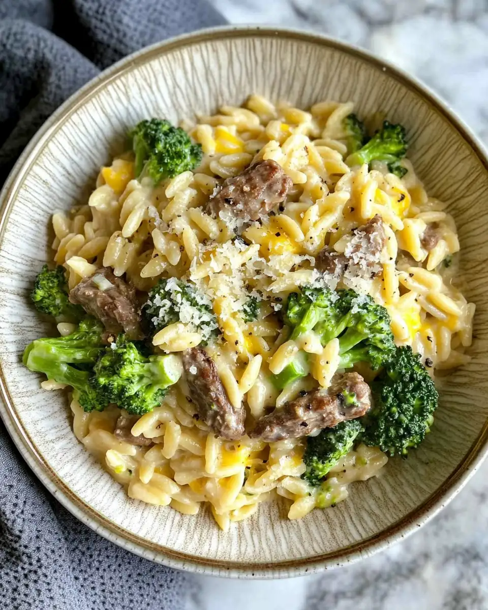 Final dish - Indulge in Comfort: Creamy Cheesy Beef Broccoli Orzo