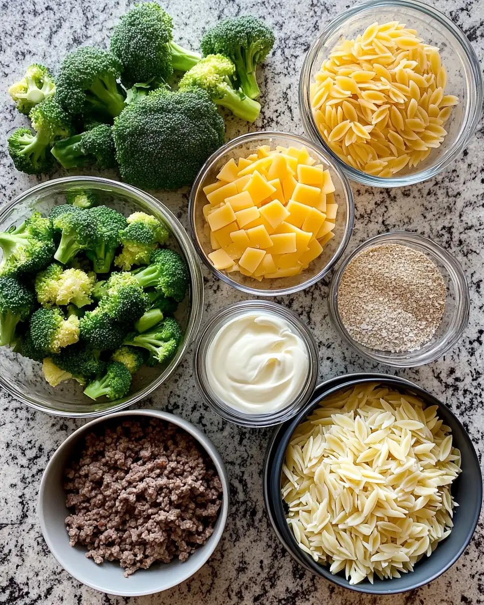 Ingredients for Indulge in Comfort: Creamy Cheesy Beef Broccoli Orzo