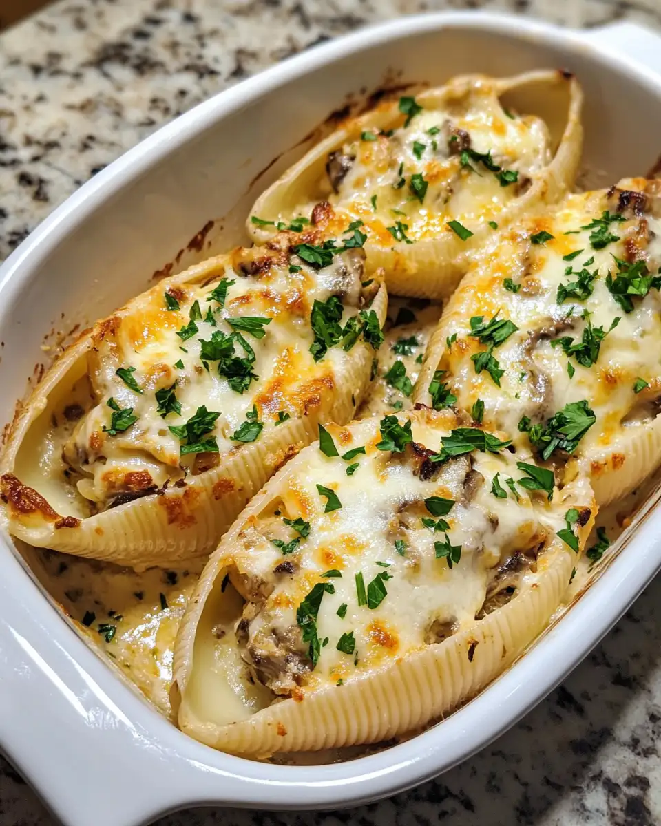 Final dish - Indulge in Comfort: Creamy Garlic Mushroom Stuffed Shells Delight