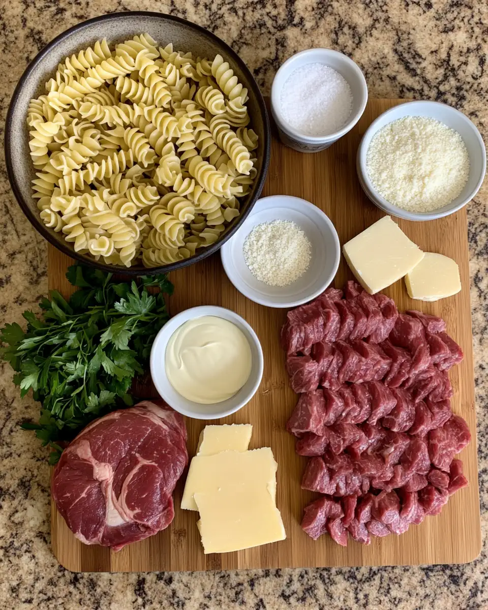 Ingredients for Indulge in Creamy Garlic Parmesan Rotini with Tender Beef Bliss