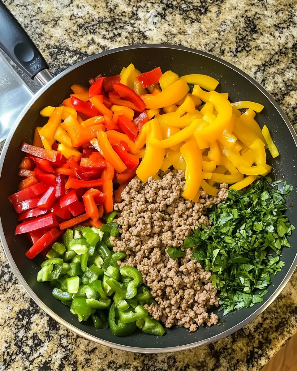 Ingredients for Sizzling Skillet Sensation: Ground Turkey and Peppers Delight