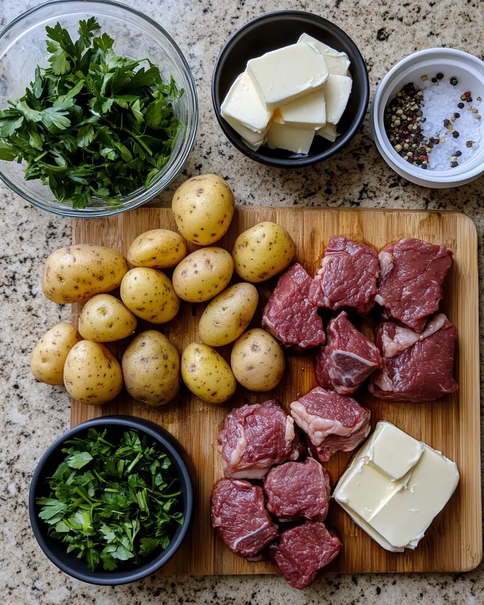 Ingredients for Sizzling Garlic Butter Steak Bites and Potatoes: A Flavor Explosion