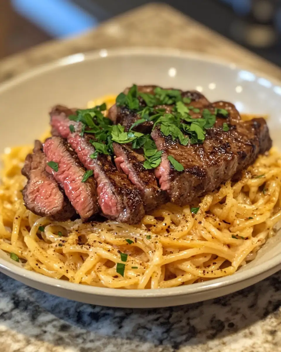 Final dish - Indulge in One-Pot Creamy Spicy Garlic Butter Steak & Pasta Bliss