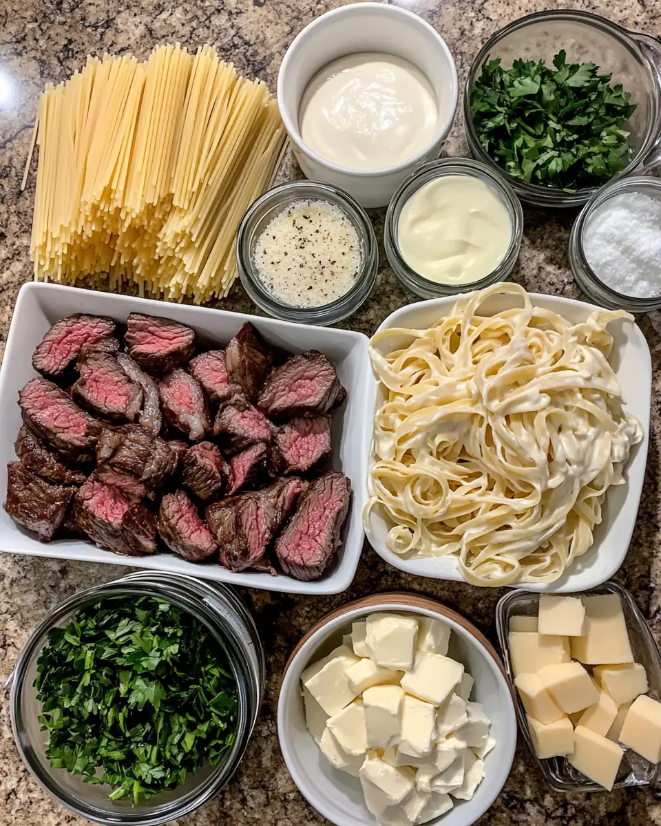 Ingredients for Indulge in One-Pot Creamy Spicy Garlic Butter Steak & Pasta Bliss
