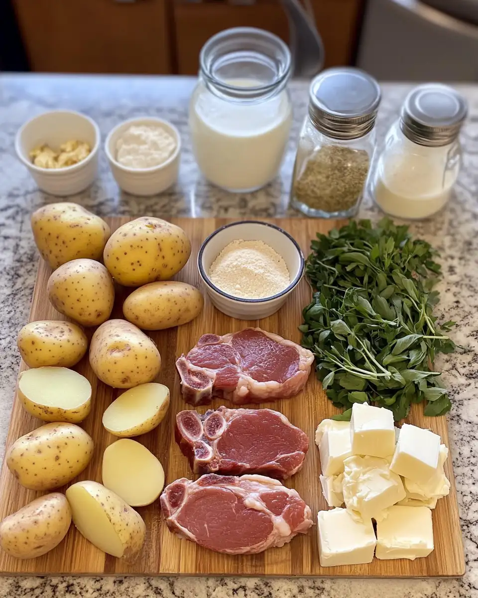 Ingredients for Hearty Harmony: Smothered Pork Chop and Scalloped Potato Casserole Delight