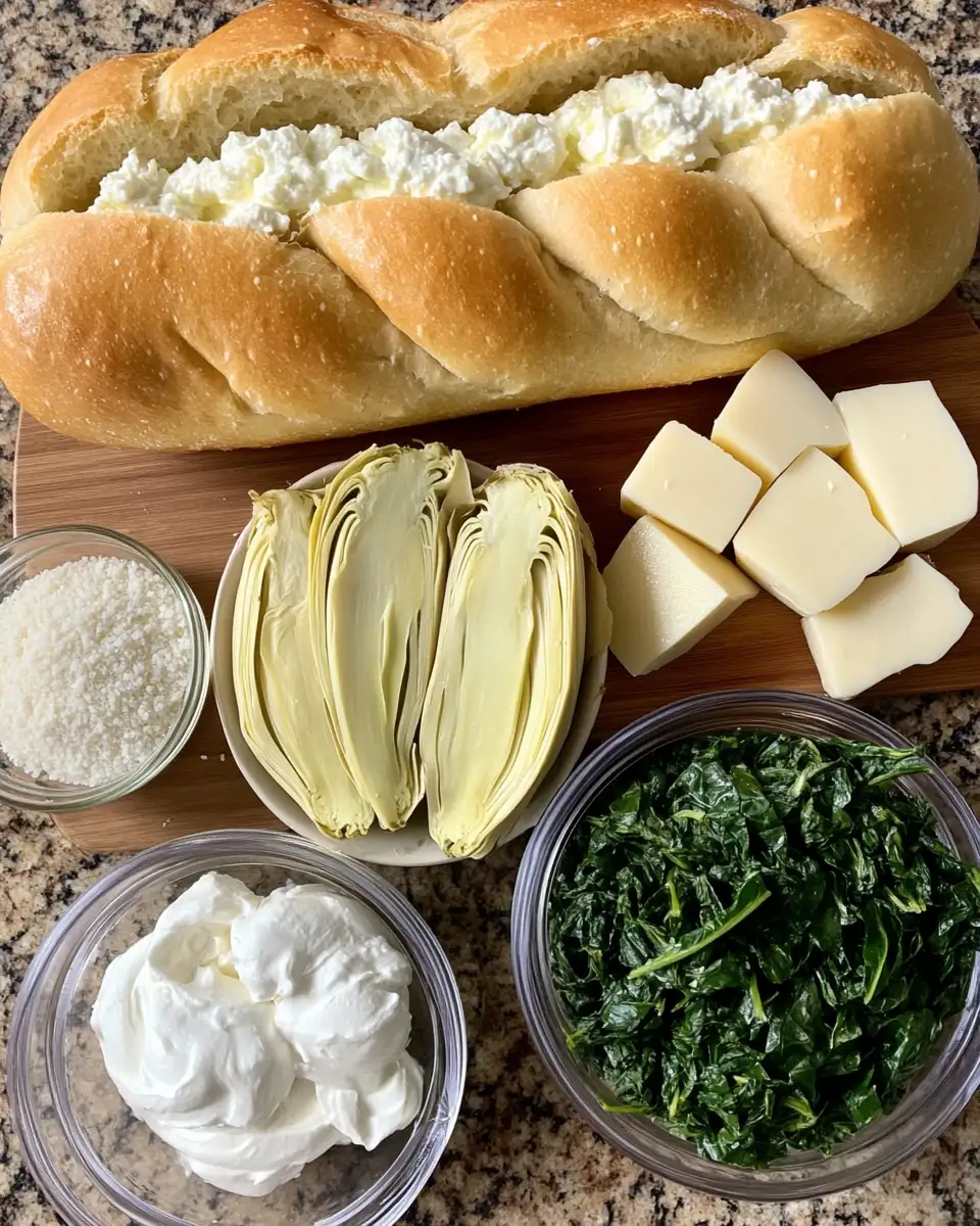 Ingredients for Irresistible Spinach and Artichoke Stuffed Bread Delight