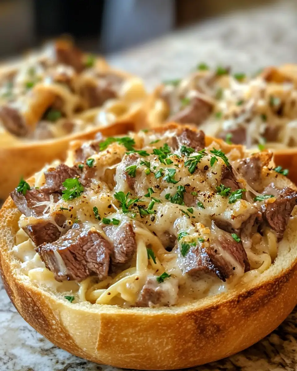 Final dish - Savor the Flavor: Steak Alfredo Garlic Bread Bowls Delight