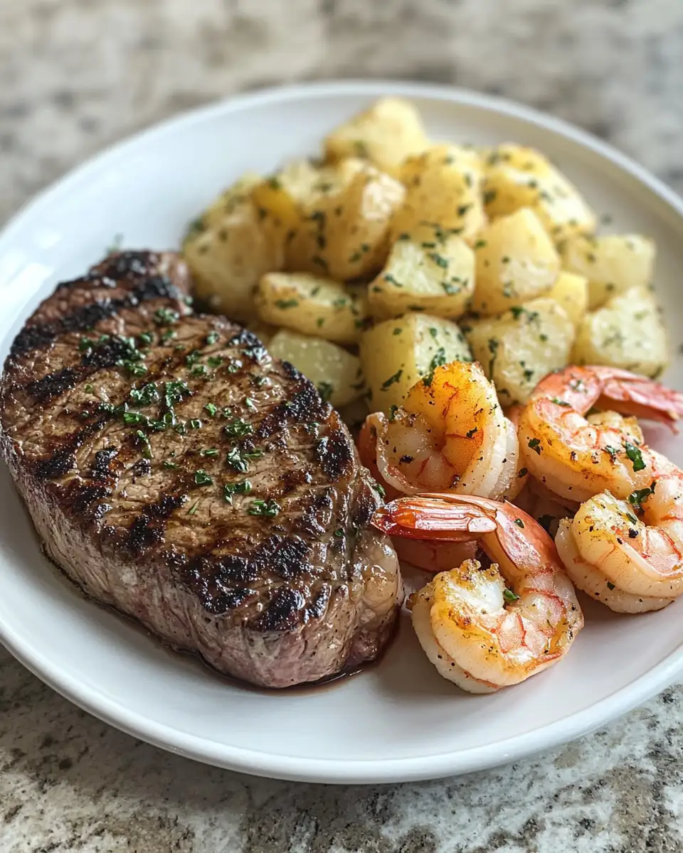 Final dish - Surf and Turf Delight: Steak with Shrimp and Garlic Butter Potatoes