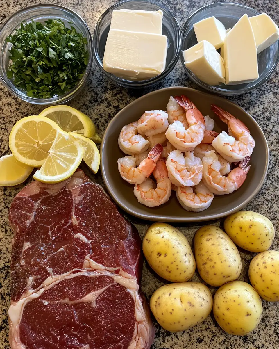 Ingredients for Surf and Turf Delight: Steak with Shrimp and Garlic Butter Potatoes