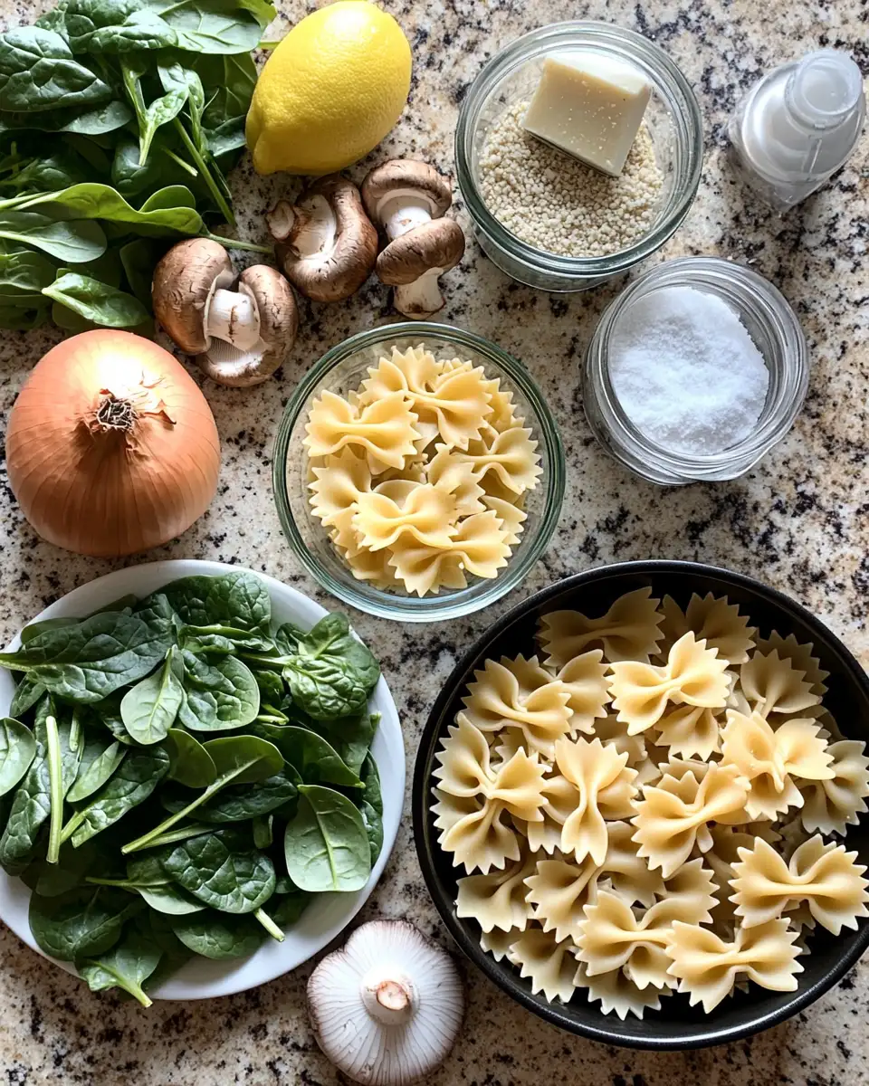 Ingredients for Savor the Symphony: BowTie Pasta with Mushrooms, Spinach, and Onions