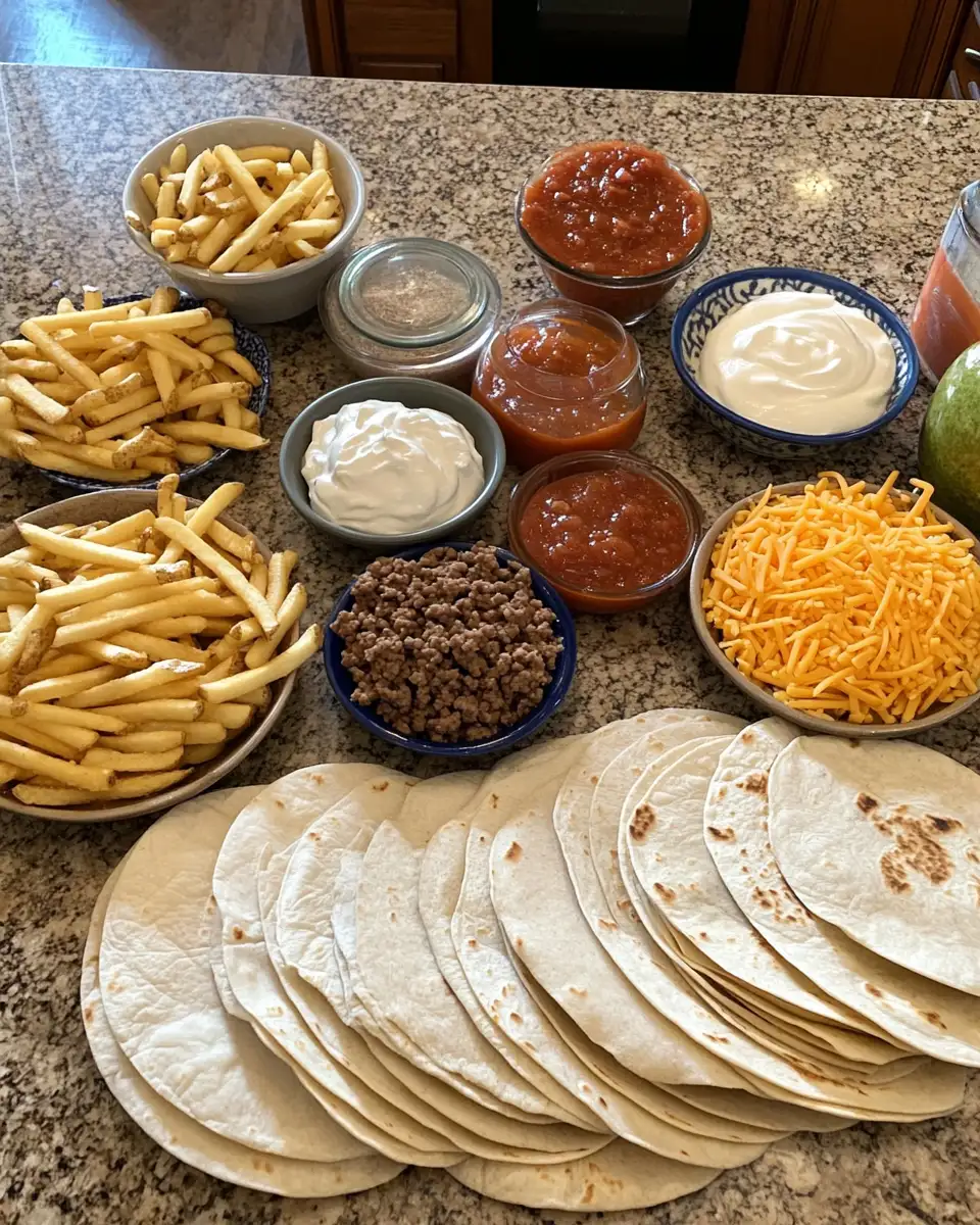 Ingredients for Ultimate Cheesy Beef Burritos and Fries Combo Extravaganza