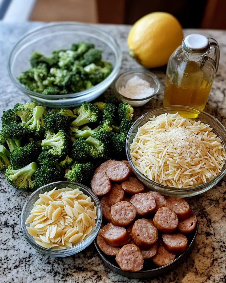 Ingredients for One-Pan Wonder: Chicken Sausage Broccoli and Orzo Skillet Delight