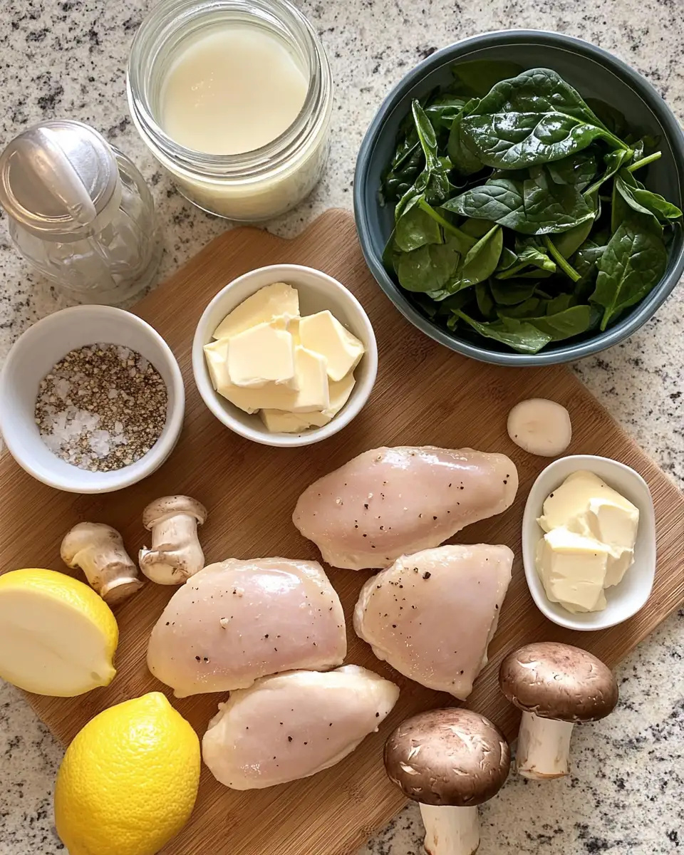 Ingredients for Savory Delight: Chicken with Creamed Spinach and Mushrooms
