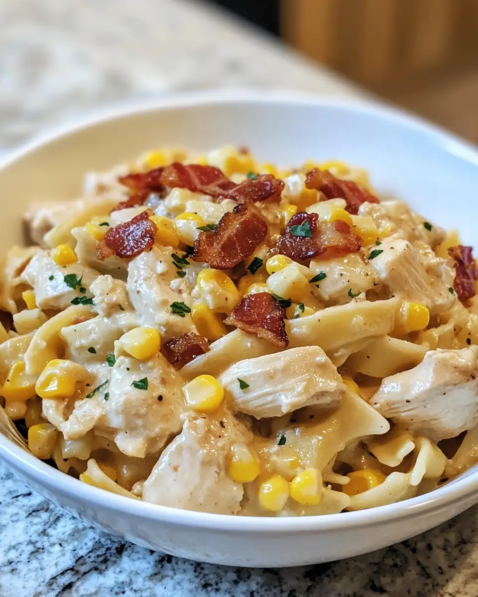 Final dish - Indulge in Decadence: Creamy Chicken and Corn Pasta with Bacon