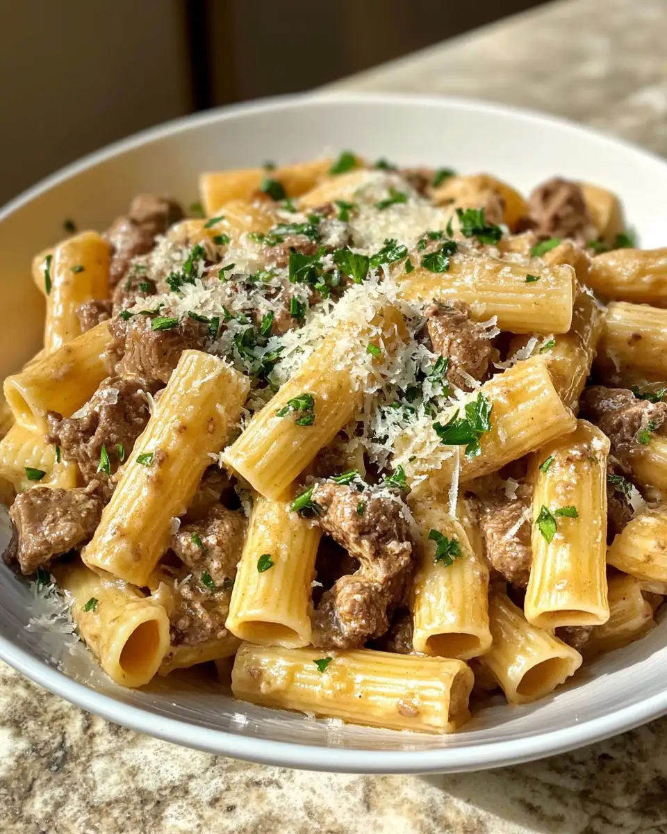 Final dish - Indulge in the Ultimate Comfort: Creamy Parmesan Beef Rigatoni Delight