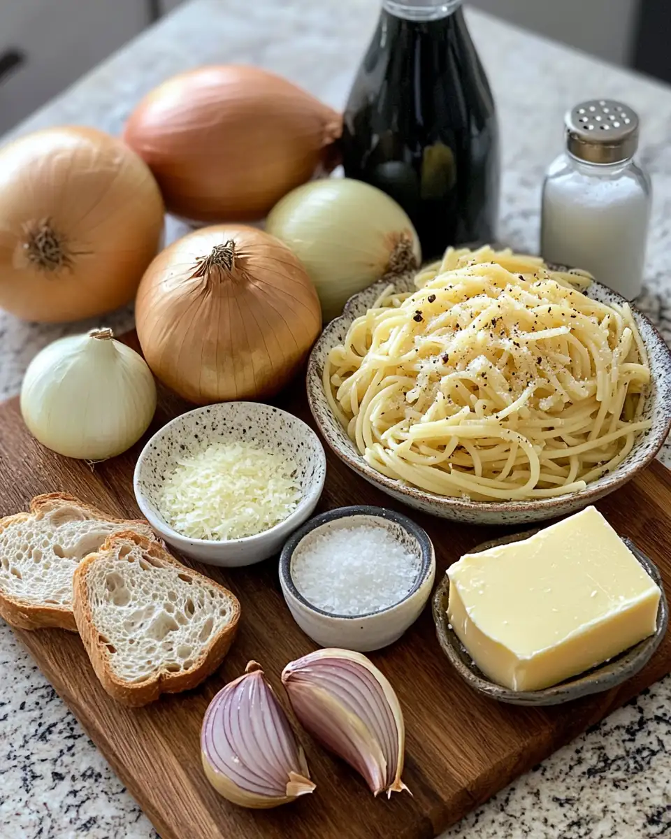 Ingredients for Cozy Up with a French Onion Pasta Bowl Soup Twist