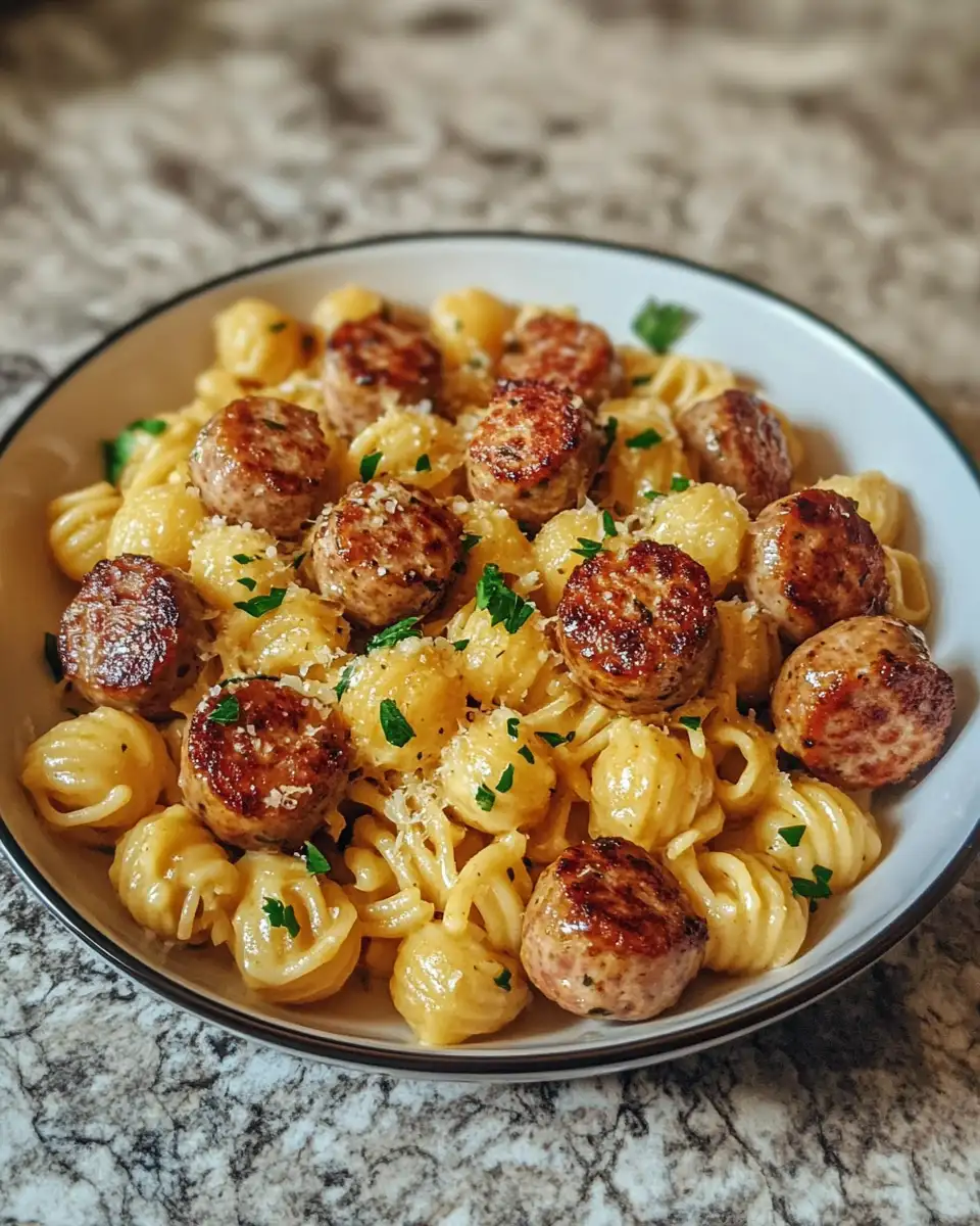 Final dish - Savor the Flavor: Garlic Butter Sausage Bites Meet Creamy Pasta Delight