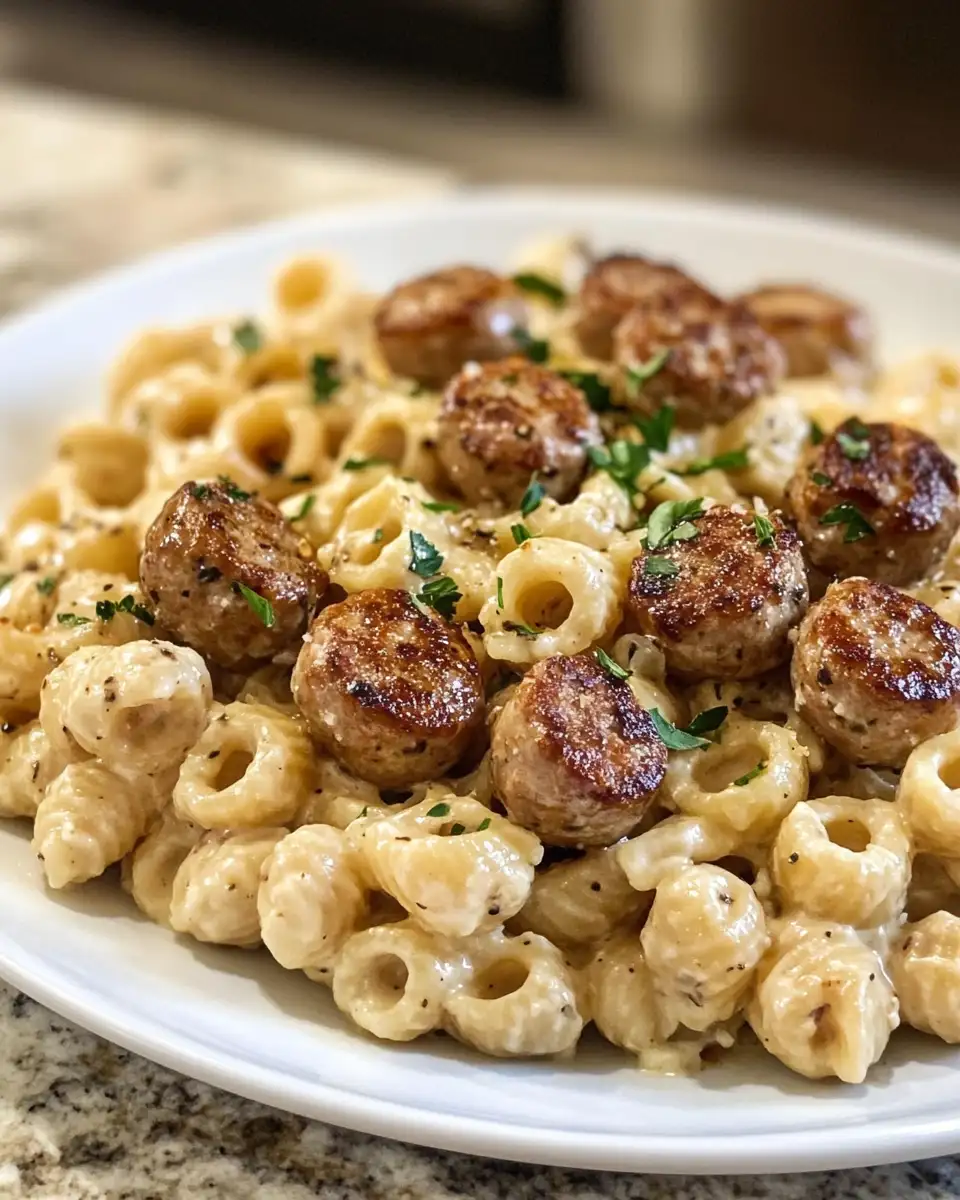 Final dish - Irresistible Garlic Butter Sausage Bites Meet Creamy Pasta Delight