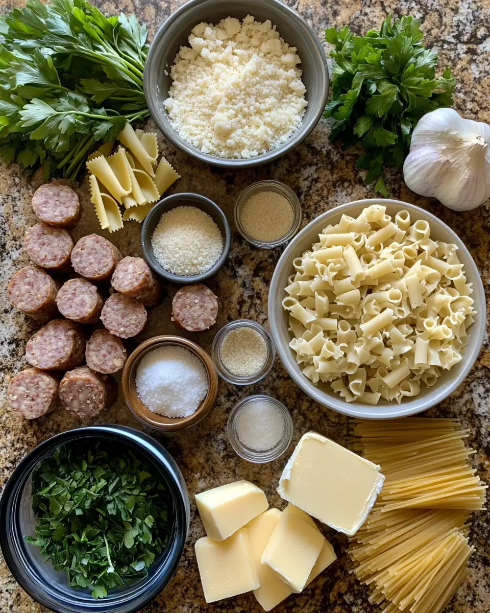 Ingredients for Savor the Flavor: Garlic Butter Sausage Bites Meet Creamy Pasta Delight