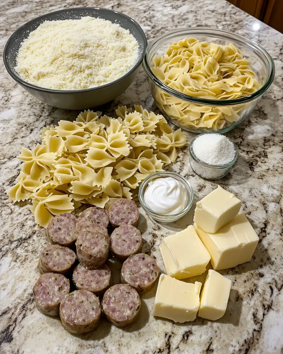 Ingredients for Irresistible Garlic Butter Sausage Bites Meet Creamy Pasta Delight