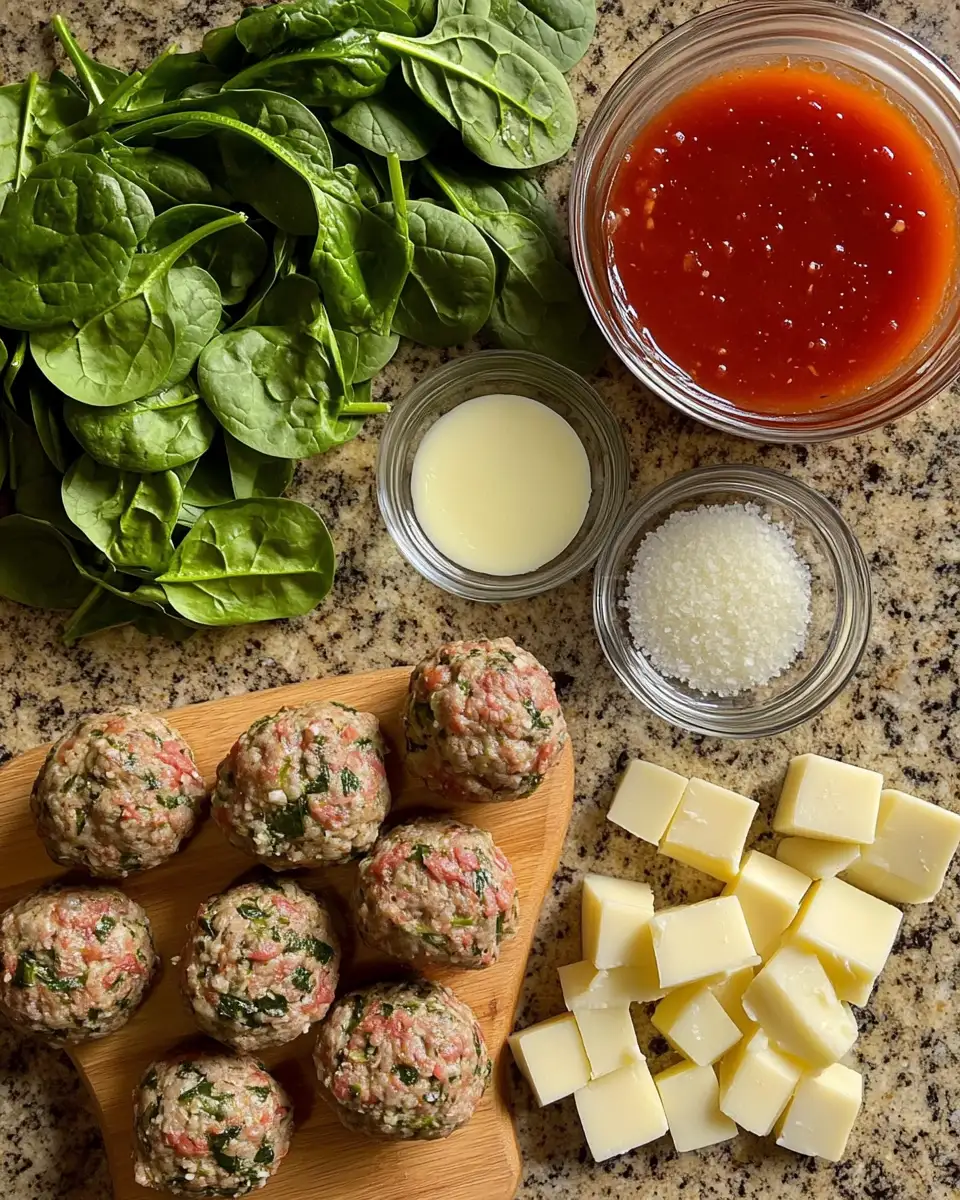 Ingredients for Spinach Garlic Meatballs Stuffed with Mozzarella: A Flavor Explosion