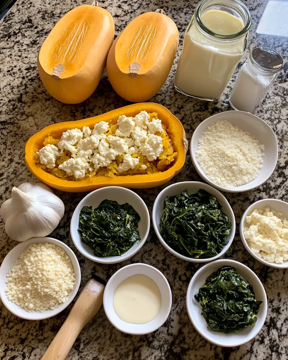 Ingredients for Hearty Harvest Delight: Stuffed Butternut Squash with Spinach and Cheese