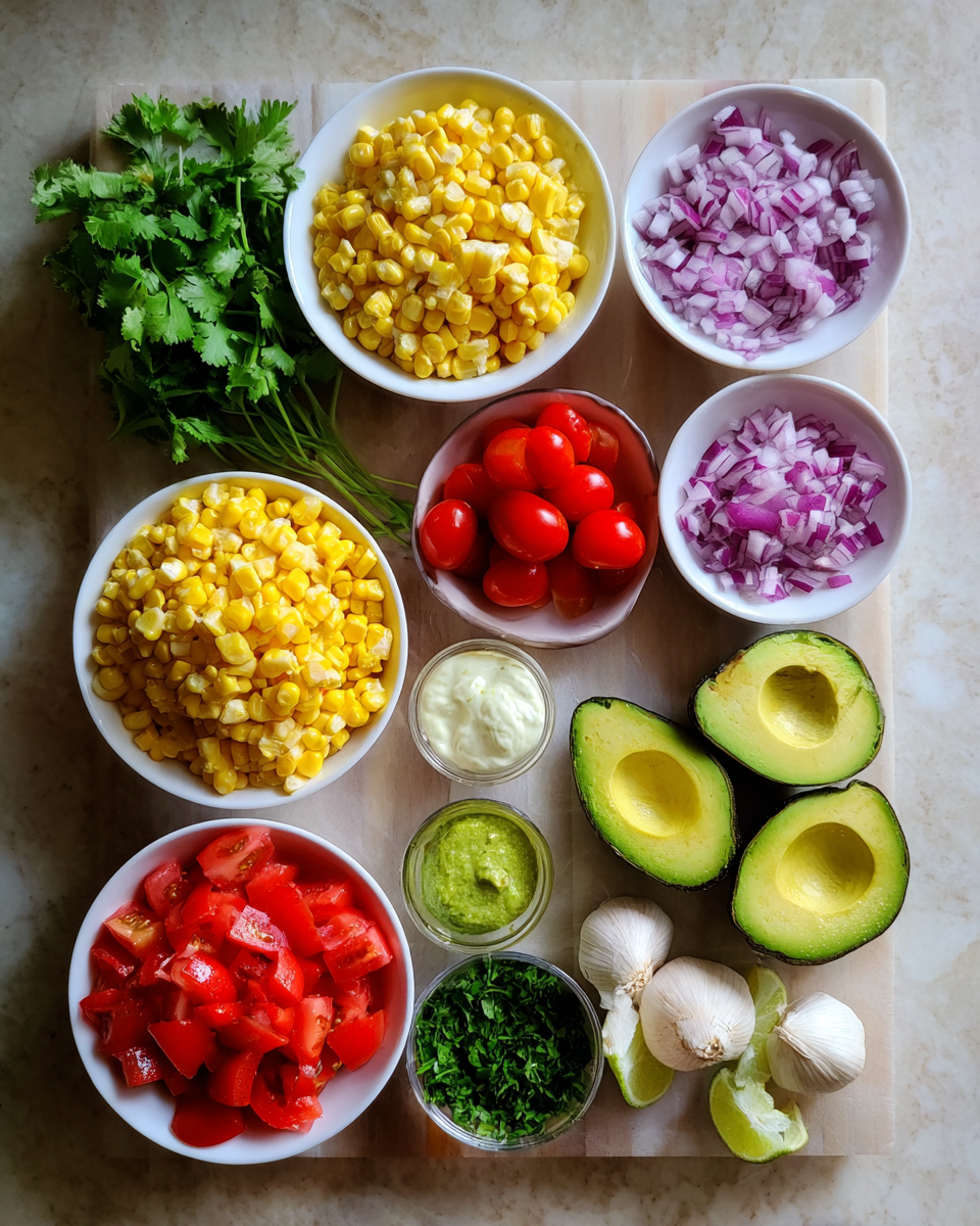 Ingredients for Fresh Flavors Unite: Avocado Corn Salsa with a Zesty Garlic Sauce