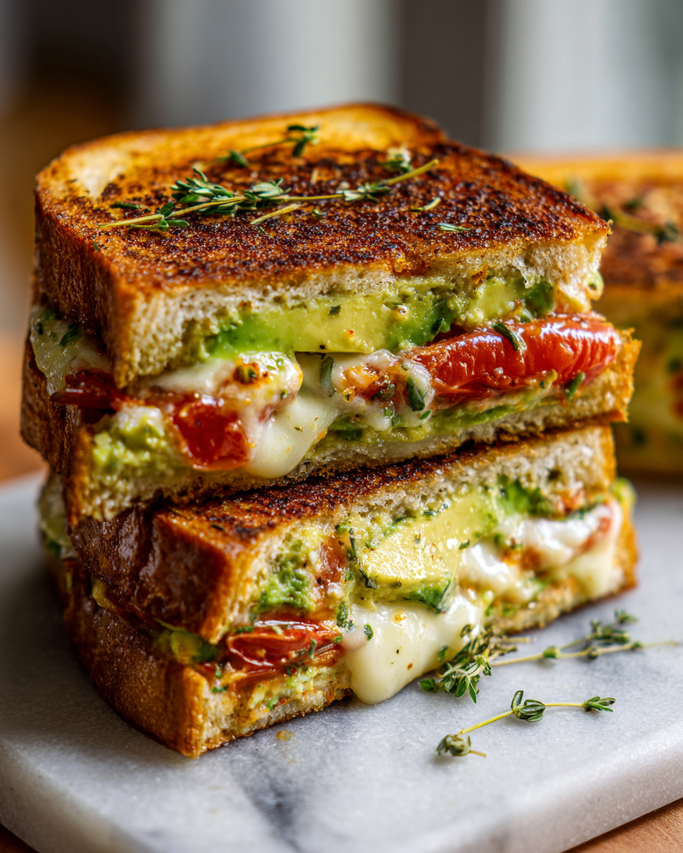 Final dish - Melted Perfection: The Ultimate Avocado Tomato Grilled Cheese Delight