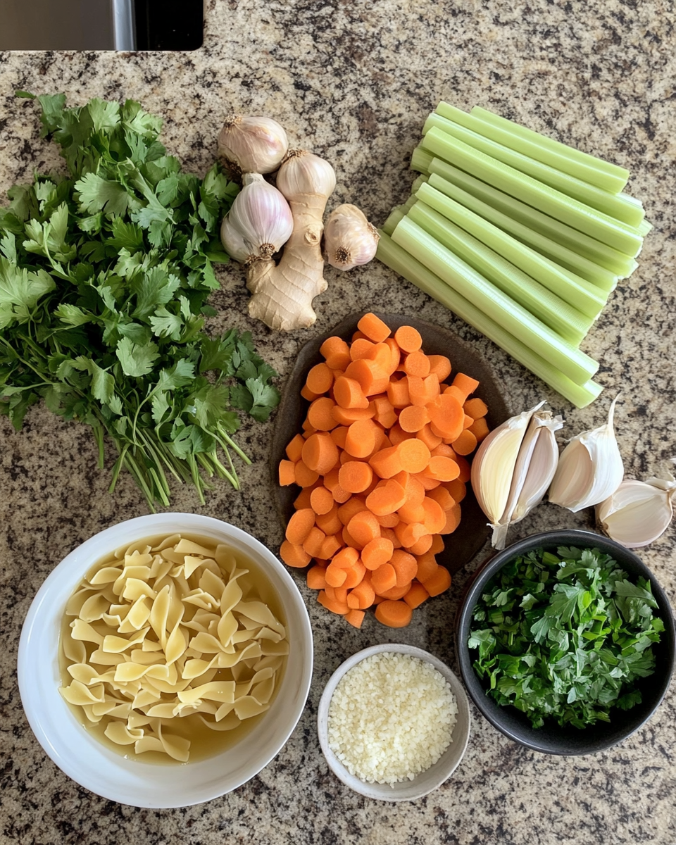 Ingredients for Warm Up with Classic Ginger Garlic Chicken Noodle Soup