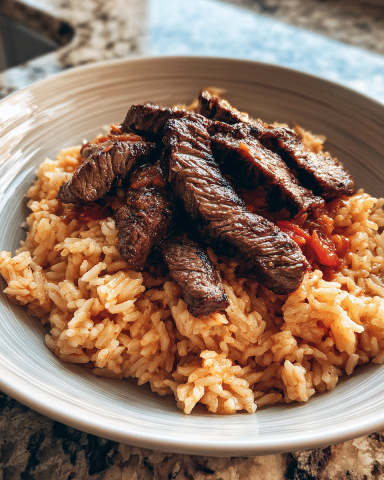 Indulge in Creamy Queso Rice Topped with Juicy Steak Strips - Featured Image