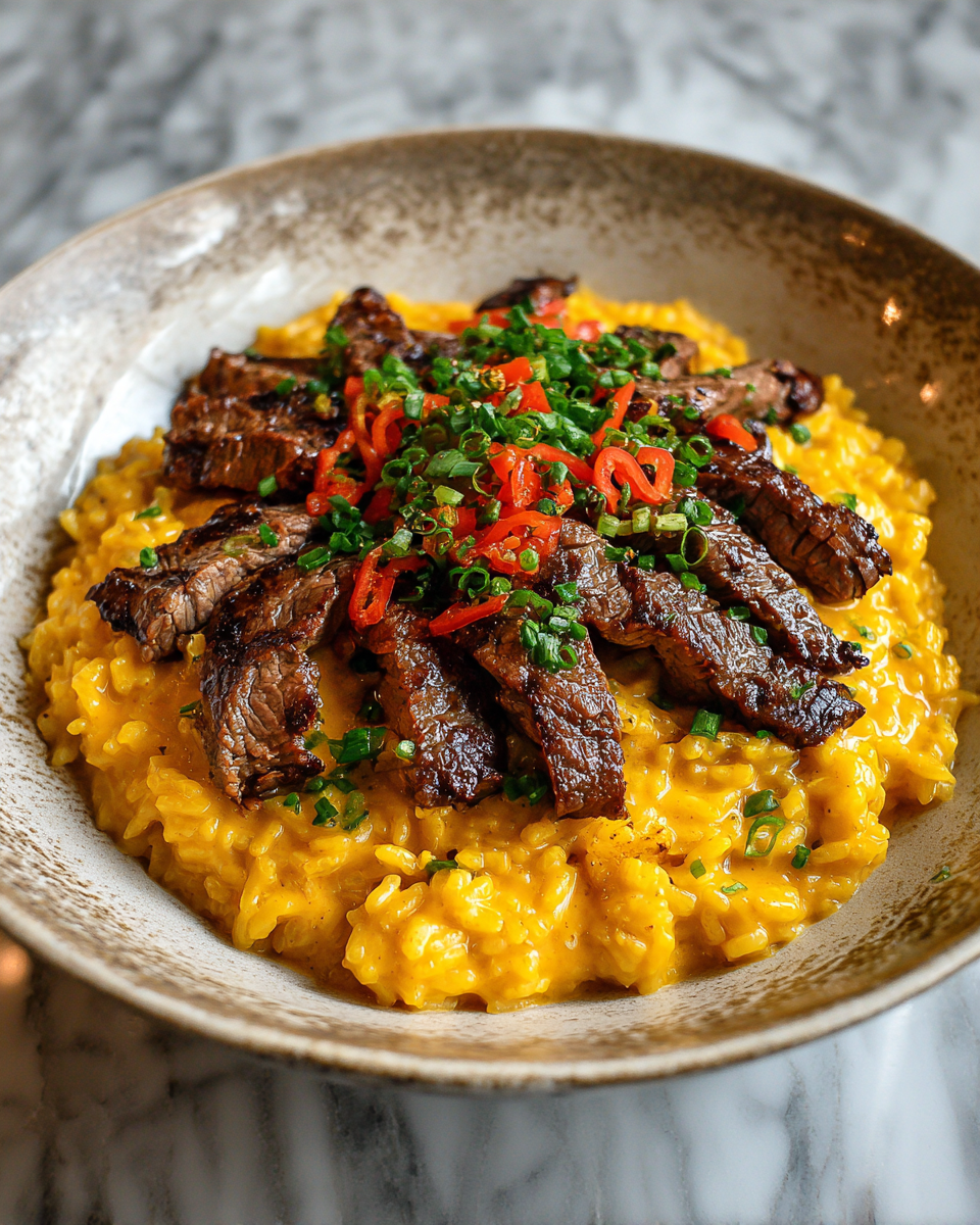 Final dish - Indulge in Creamy Queso Rice Topped with Juicy Steak Strips