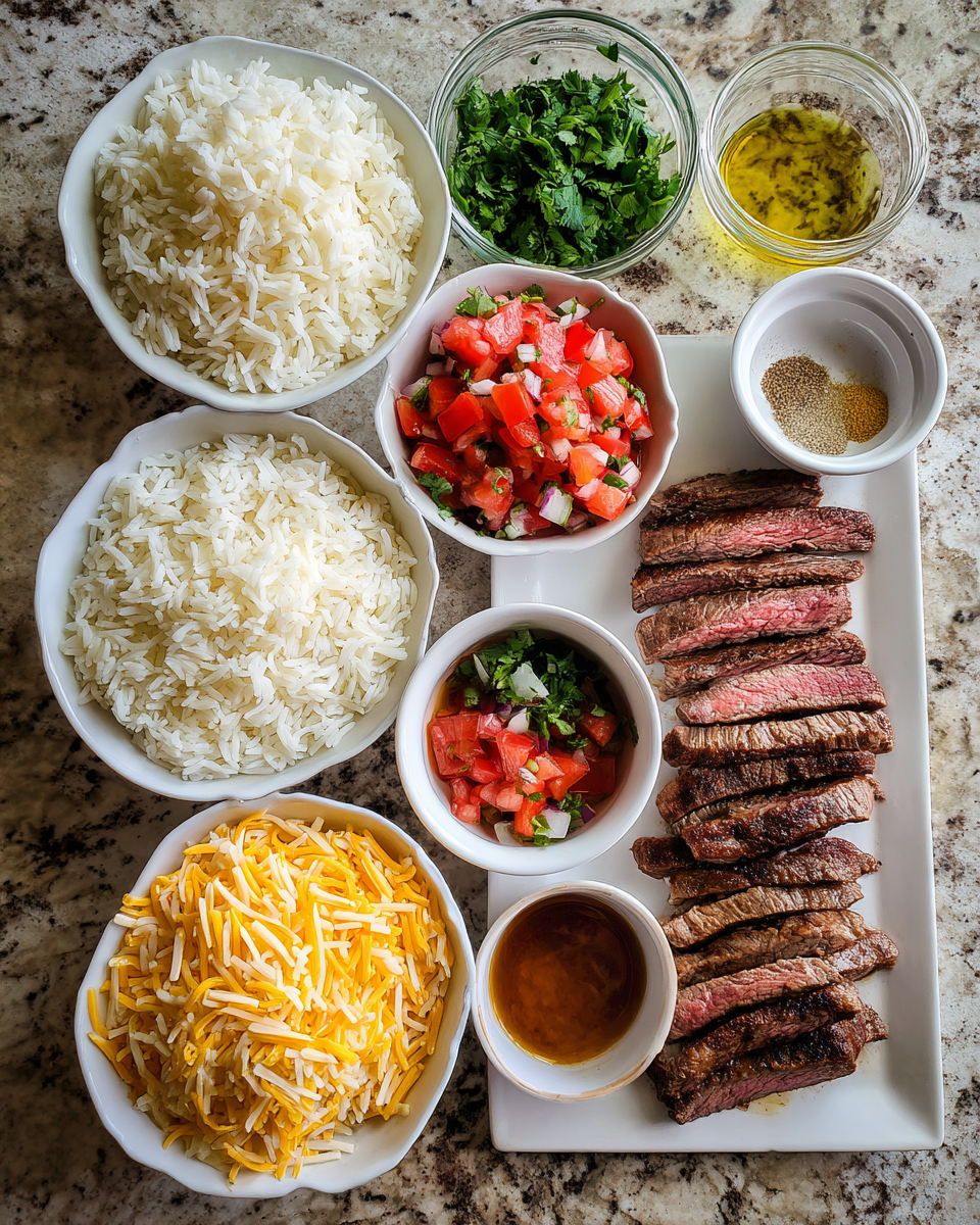 Ingredients for Indulge in Creamy Queso Rice Topped with Juicy Steak Strips