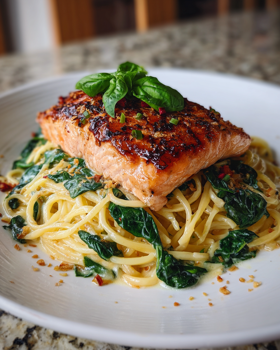 Final dish - Indulge in the Ultimate Creamy Salmon Spinach Pasta Delight