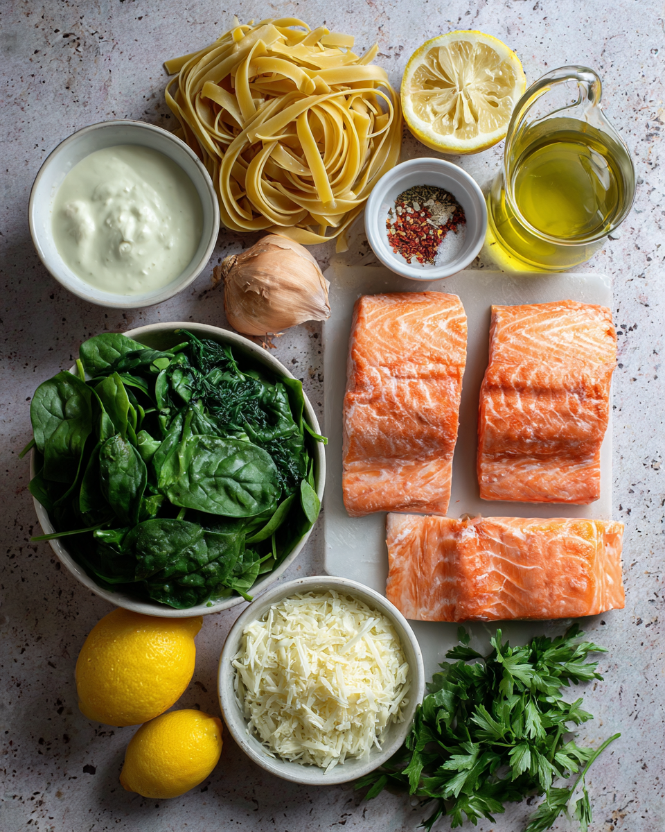 Ingredients for Indulge in the Ultimate Creamy Salmon Spinach Pasta Delight