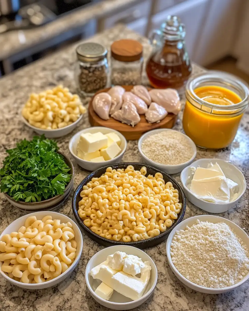 Ingredients for Mouthwatering Honey Garlic Chicken Meets Creamy Cheesy Mac Fusion