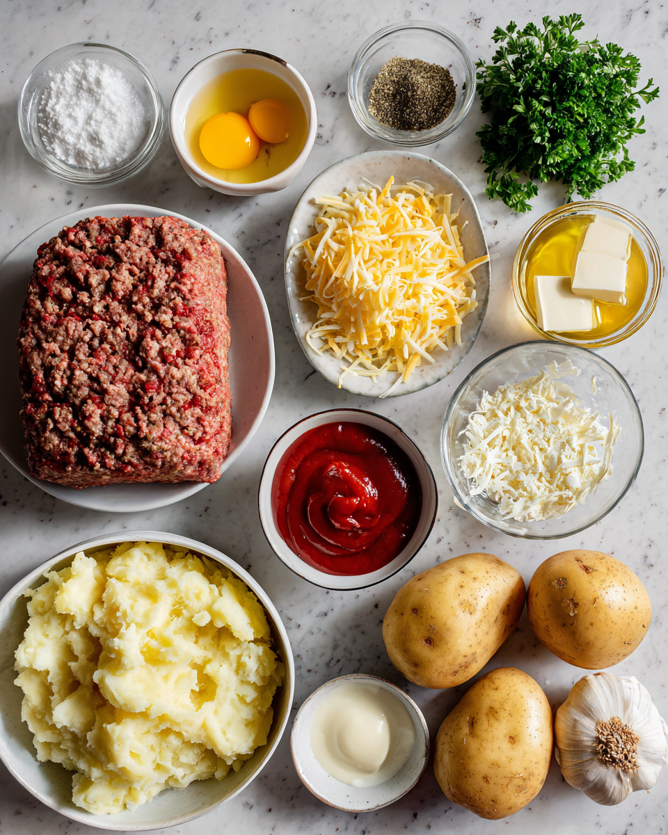Ingredients for Ultimate Comfort Feast Meatloaf with Mashed Potatoes and Cheese