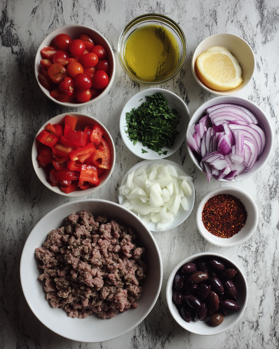 Ingredients for Mediterranean Ground Beef Stir-Fry Recipe Bursting with Flavor