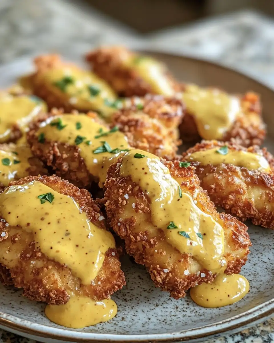 Final dish - Crispy Pretzel Chicken with Irresistible Mustard-Cheddar Sauce