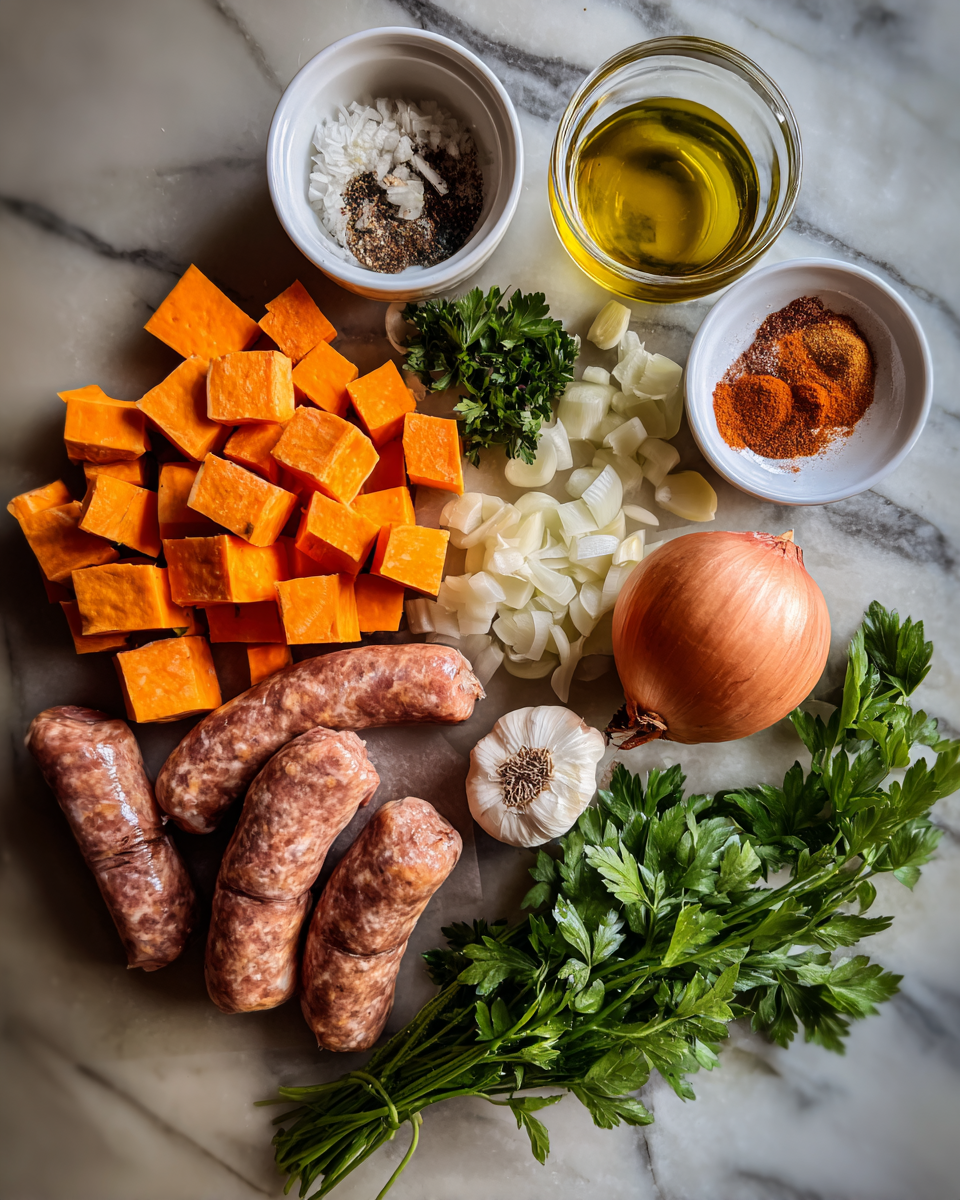 Ingredients for Sizzling Sausage and Sweet Potatoes: A Flavorful Fusion of Comfort and Nutrition