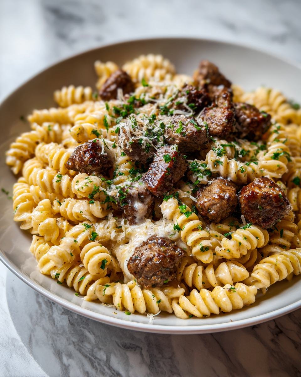 Final dish - Savor the Flavor of Steak Bites and Creamy Parmesan Pasta