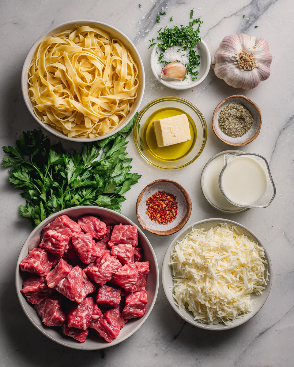 Ingredients for Savor the Flavor of Steak Bites and Creamy Parmesan Pasta