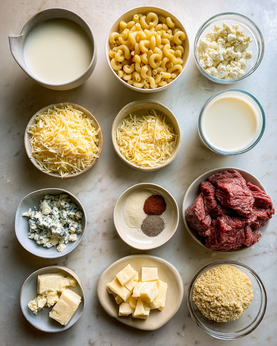 Ingredients for Indulge in Steakhouse Gorgonzola Macaroni & Cheese Like Never Before