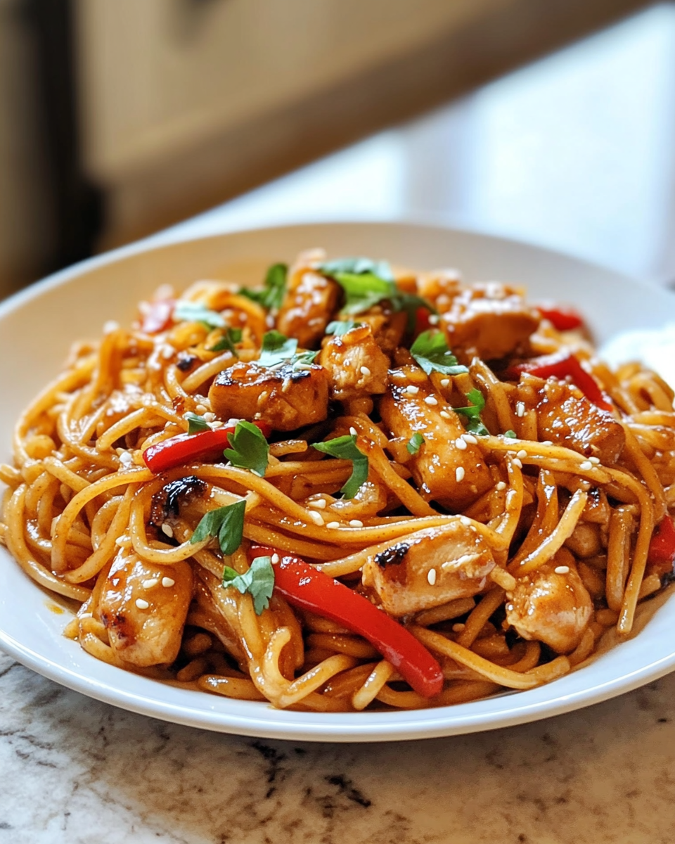 Final dish - Irresistibly Delicious Sticky Garlic Chicken Noodles That Will Make Your Taste Buds Dance
