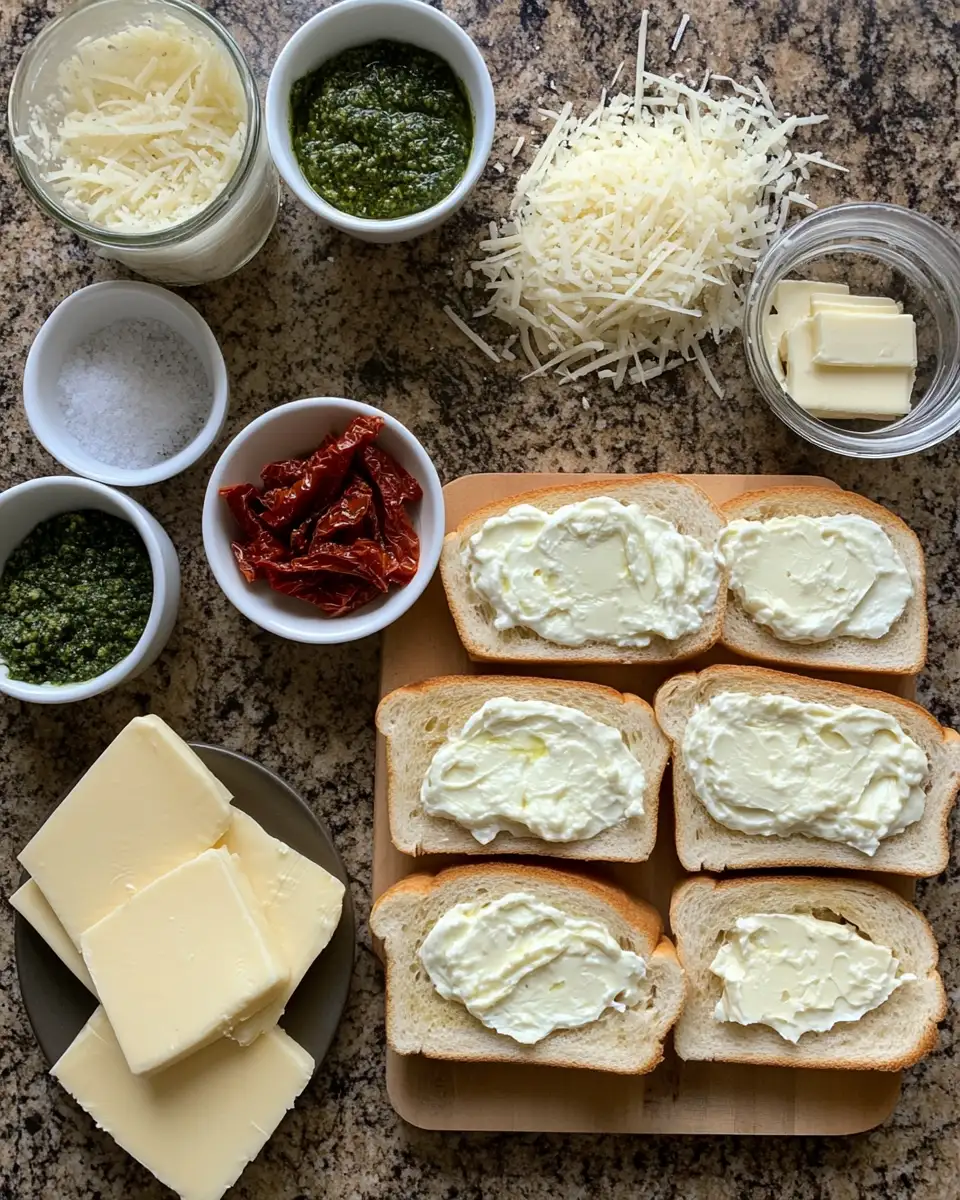 Ingredients for Melted Magic: Sun-Dried Tomato Pesto Grilled Cheese Bliss