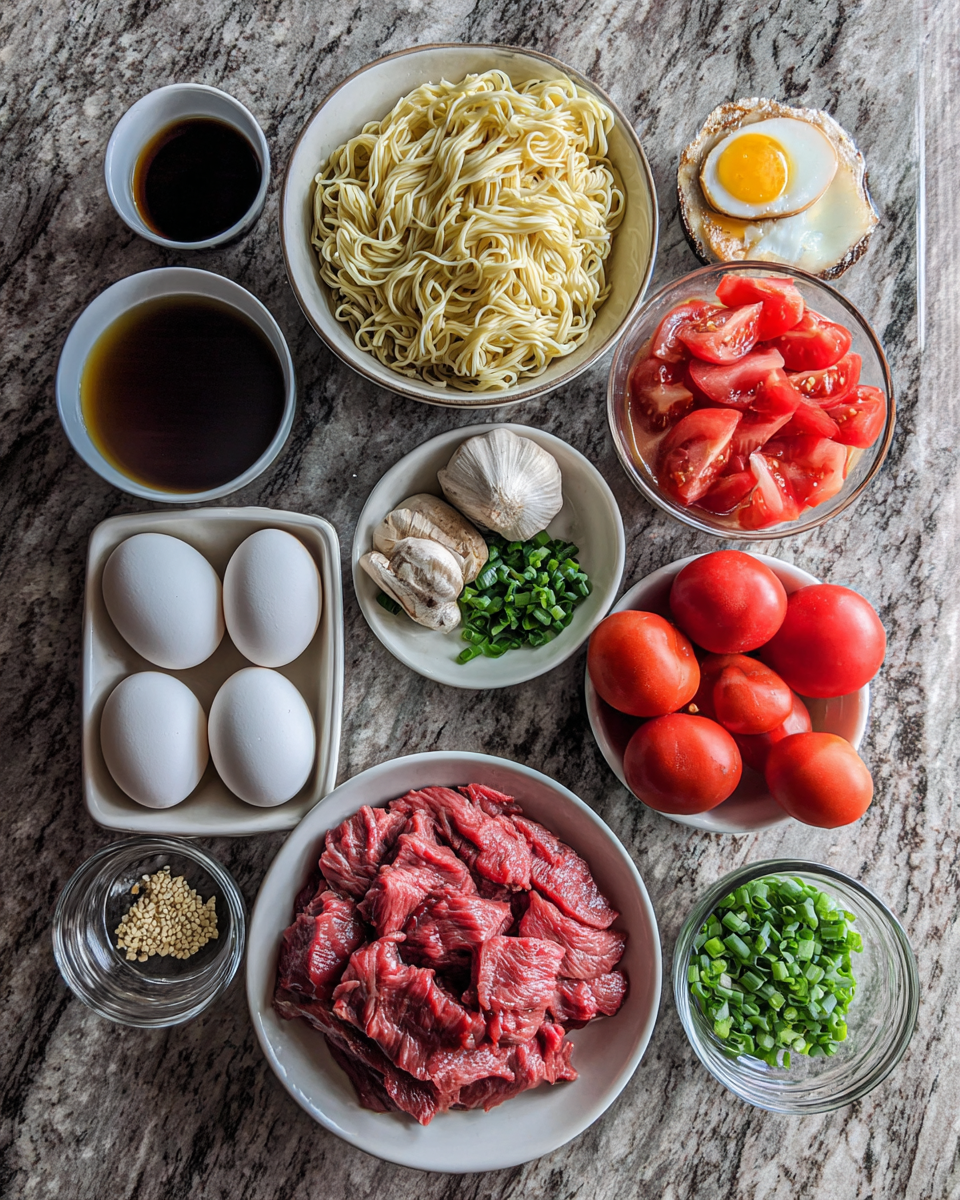 Ingredients for Savor the Comfort: Tomato Egg and Beef Noodle Soup Delight